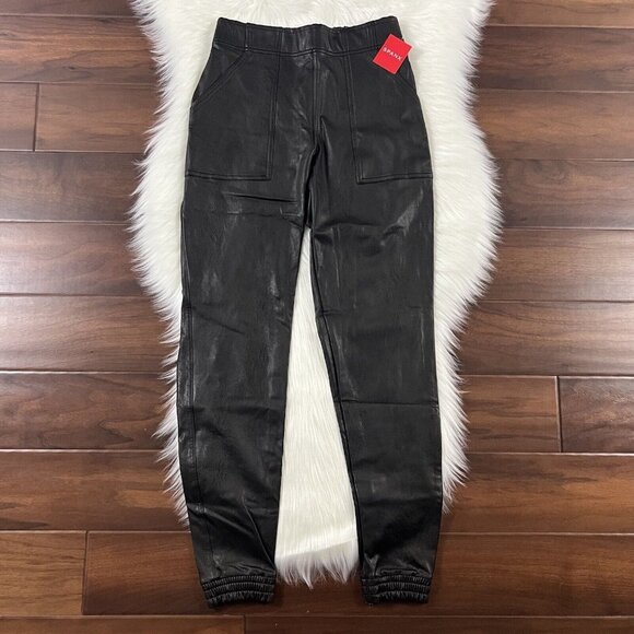 Spanx Size XS Noir‎ Black Faux Leather Like Jogger Pants - Picture 1 of 10